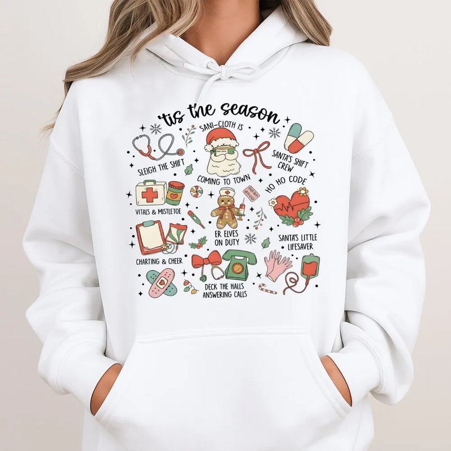 Nurse Christmas Hoodie | Cute Holiday Medical Icons Design | Soft Cotton-Poly Blend | Festive Healthcare Worker Gift For RN LPN CNA