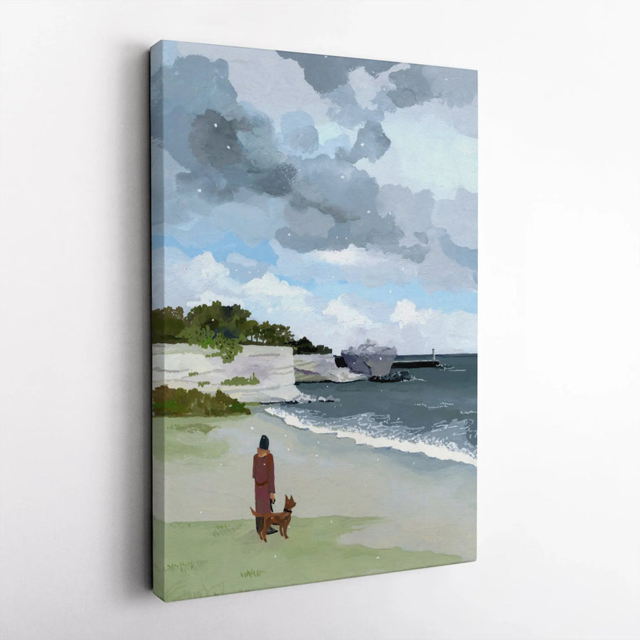 Dog on Beach Vertical Canvas | Painterly Ocean Scene with Woman Walking Dog | Premium Thick Gallery Wrap Print | Coastal Home Decor Gift for Dog Lover