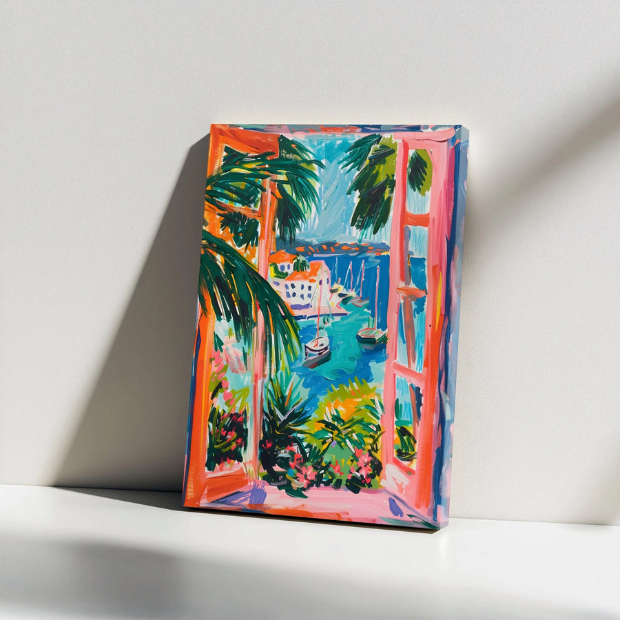 Vibrant Coastal Scene Vertical Canvas | Fauvism Inspired Window View | Premium Thick Gallery Canvas | Living Room & Bedroom Wall Decor Gift