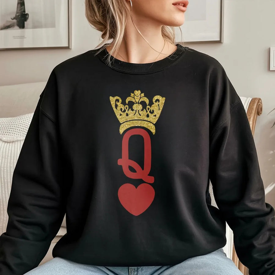 Queen of Hearts Sweatshirt | Playing Card Graphic with Gold Glitter Print | Soft Cotton Blend | Valentine's Day Gift for Her