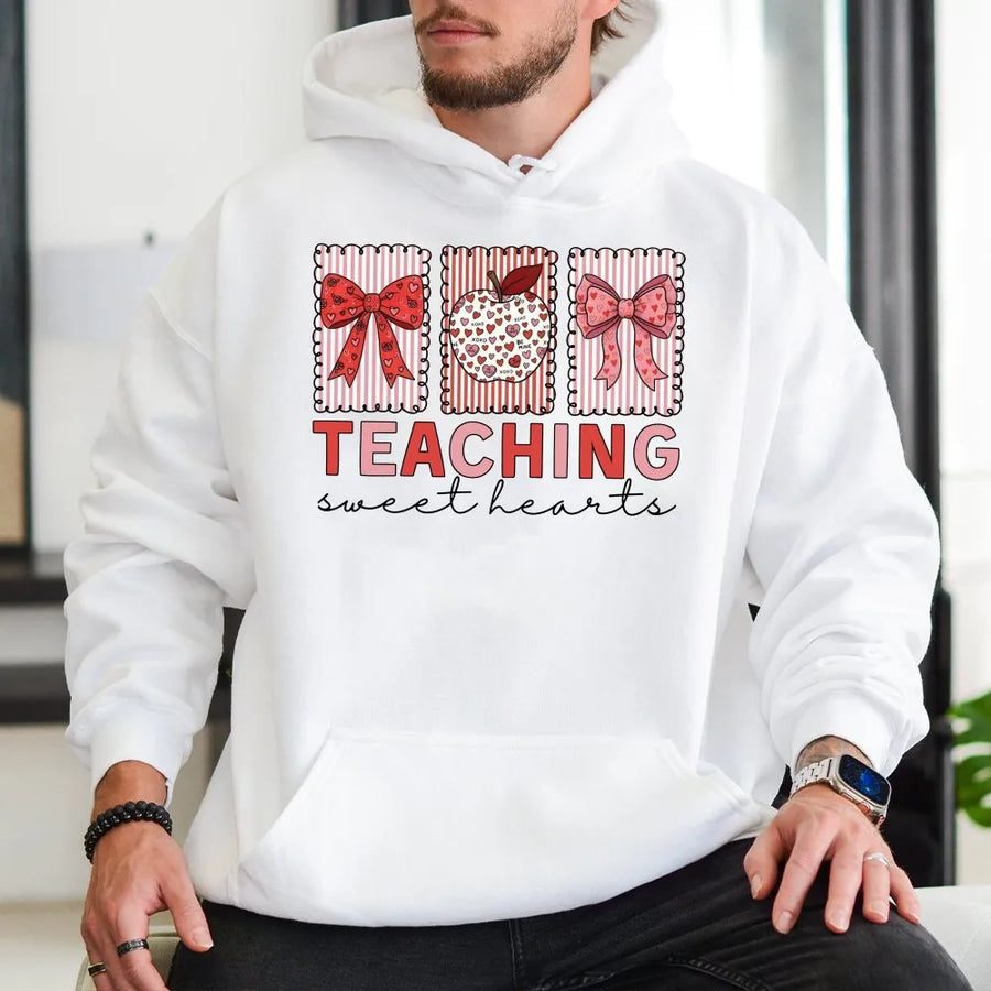 Teaching Sweet Hearts Hoodie | Teacher Valentine Bow & Apple Graphic | Premium Soft Cotton Blend | Cute Valentines Day Gift for Teachers