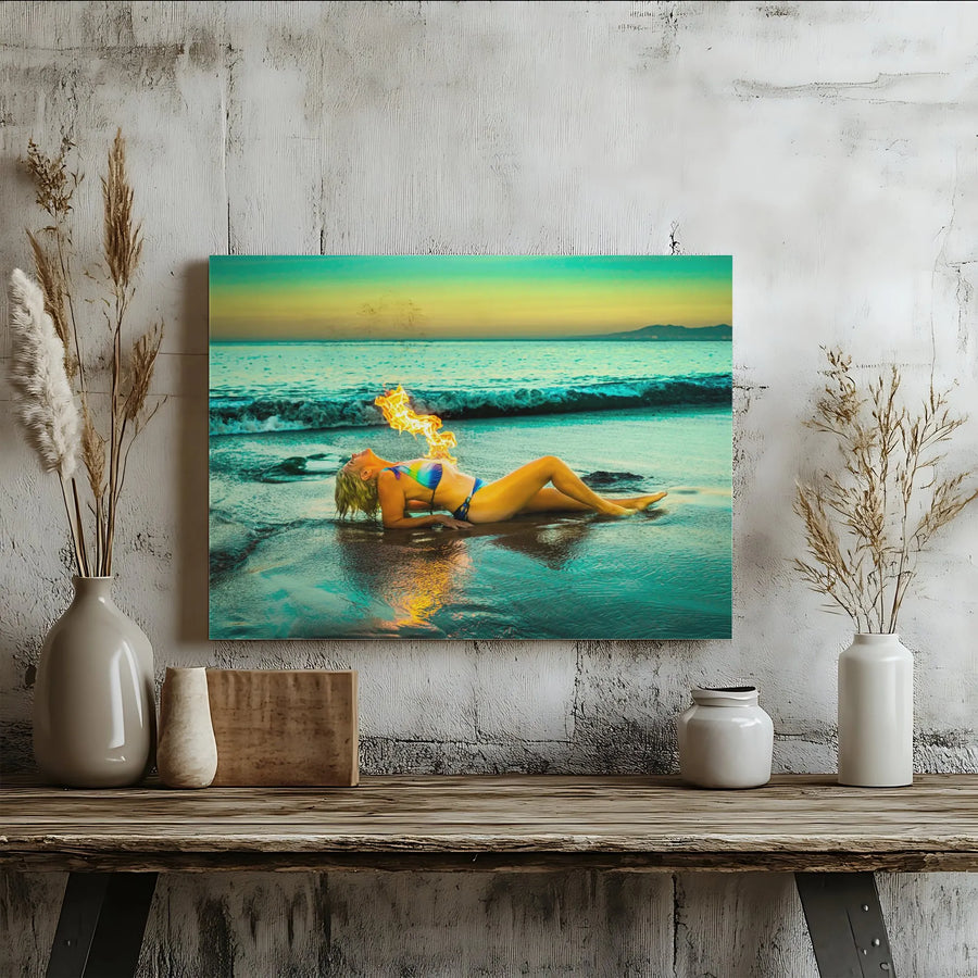 Fire Breather Canvas Art | Surreal Beach Sunset Photography | Premium Gallery Wrap Wall Decor | Statement Piece for Living Room