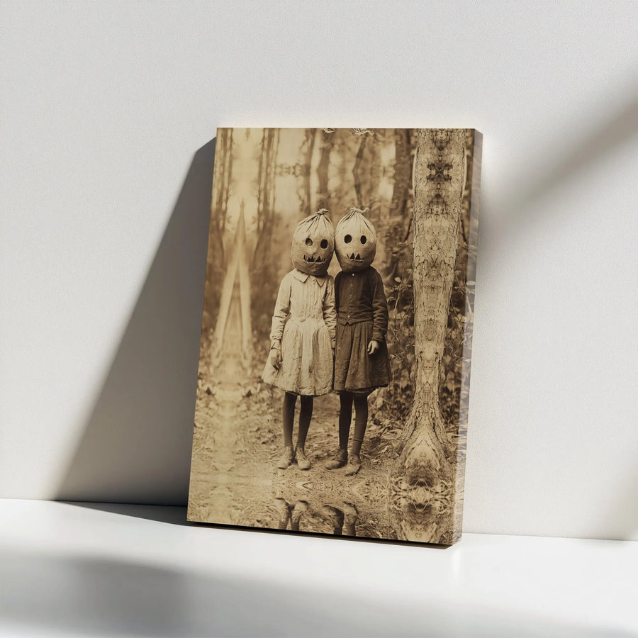 Creepy Vintage Halloween Canvas Print | Spooky Pumpkin Head Kids Art | Premium Gallery Canvas | Gothic Home Decor Gift for Horror Fans