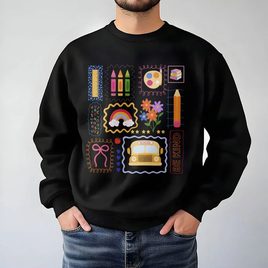 Teacher Sweatshirt Back To School | Colorful Doodle Stationery Graphic | Soft Premium Cotton Blend | Gift For Elementary Teacher Appreciation