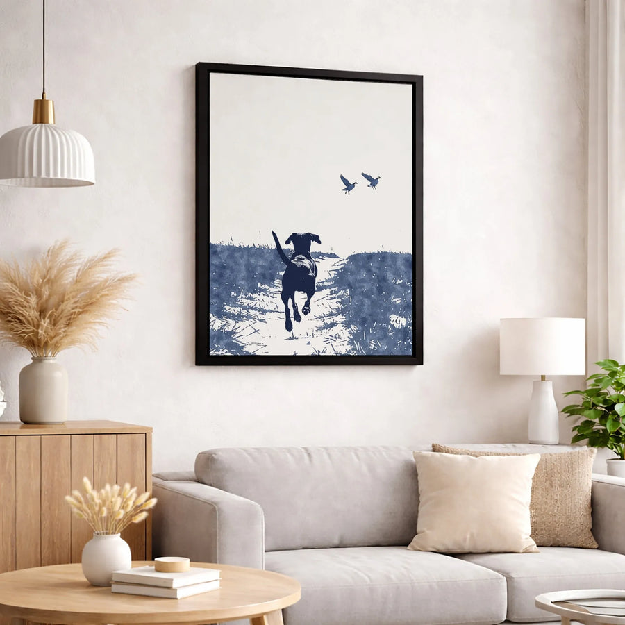 Labrador Retriever Canvas Print | Minimalist Hunting Dog Chasing Geese | Premium Fade-Resistant Wall Art | Rustic Dog Lover Gift Decor