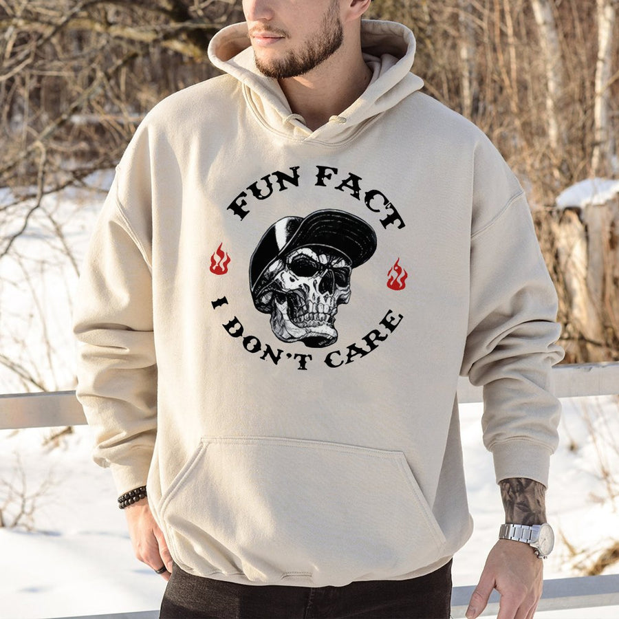 Fun Fact I Don't Care Hoodie | Sarcastic Skull Graphic Pullover | Premium Cotton Blend Streetwear | Edgy Gift for Men and Women