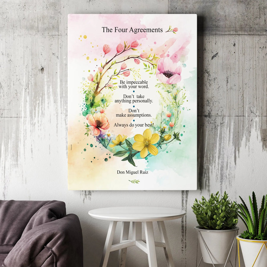 The Four Agreements Wall Art | Watercolor Floral Wreath Print | Premium Gallery Wrapped Canvas | Motivational Spiritual Decor Gift for Home