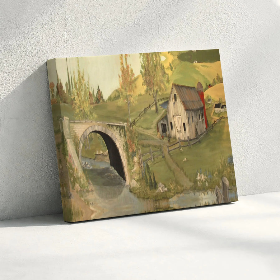 Farmhouse Canvas Wall Art | Rustic Barn and Stone Bridge Scenery | Premium Fade-Resistant Print | Country Living Room Decor Gift
