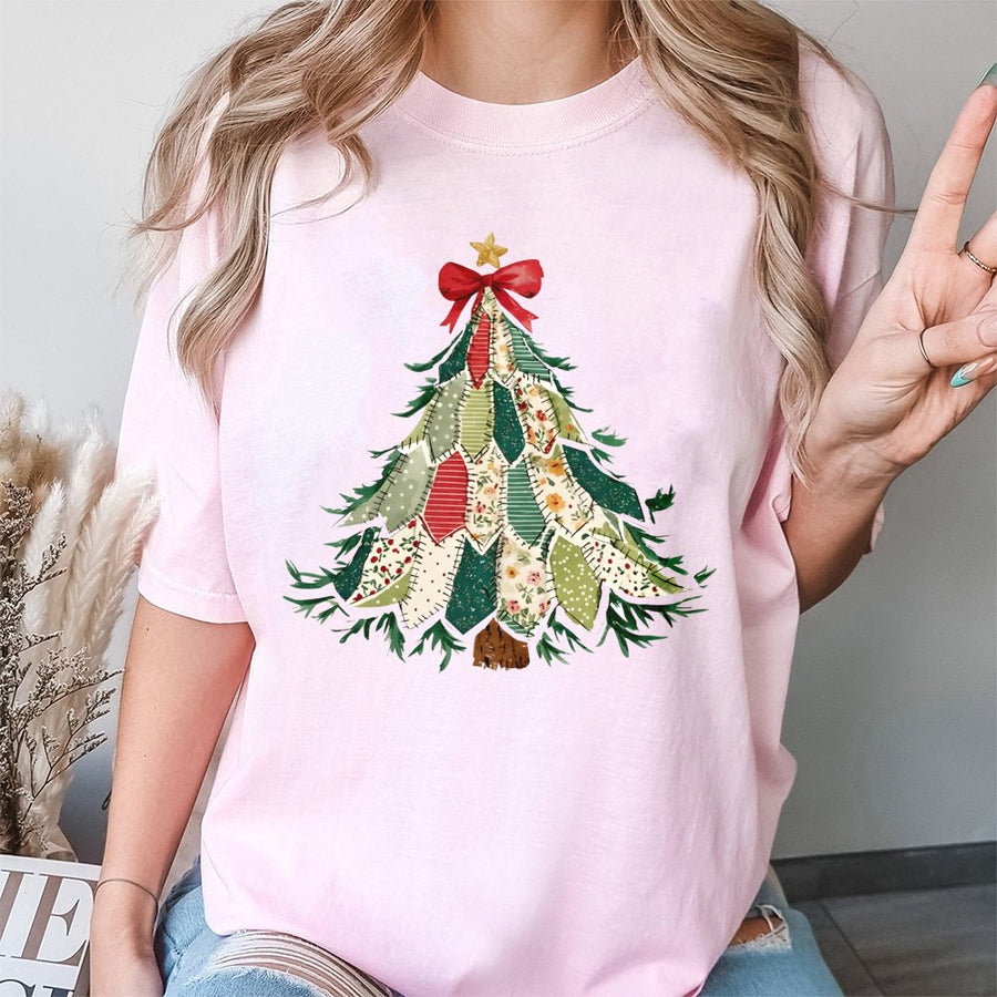 Patchwork Christmas Tree T-Shirt | Rustic Holiday Pattern Graphic Tee | 100% Premium Cotton | Cute Festive Gift for Women & Teens