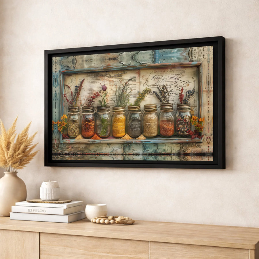 Vintage Apothecary Herb Jar Canvas | Rustic Kitchen Wall Art | Premium Gallery Wrapped Print | Farmhouse Decor for Home or Chef Gift