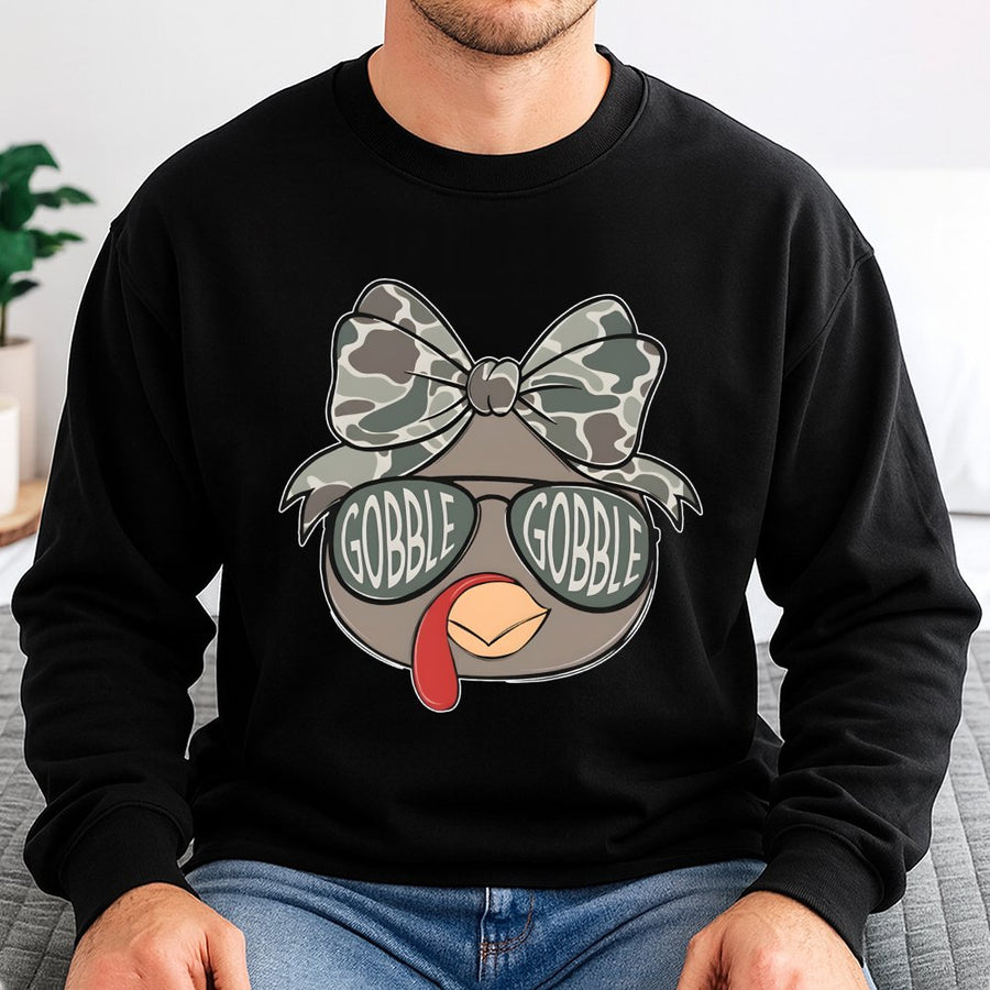 Thanksgiving Turkey Sweatshirt | Funny Camo Coquette Bow Graphic | Premium Soft Blend Crewneck | Cute Holiday Gift For Women
