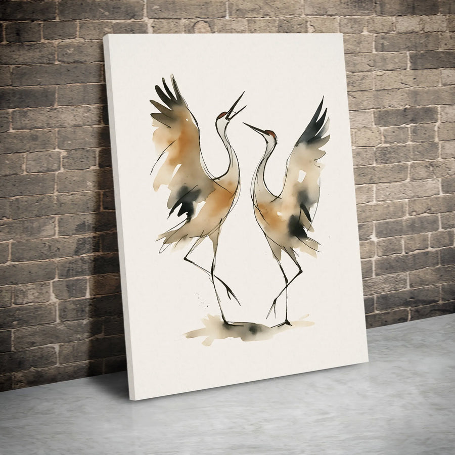 Dancing Cranes Vertical Canvas | Japanese Watercolor Ink Wash Painting | Premium Gallery Wrapped Canvas | Modern Zen Home Decor Gift