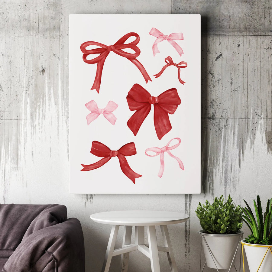 Watercolor Bows Wall Art | Red and Pink Ribbon Aesthetic Decor | Gallery Quality Premium Canvas | Coquette Style Home Gift
