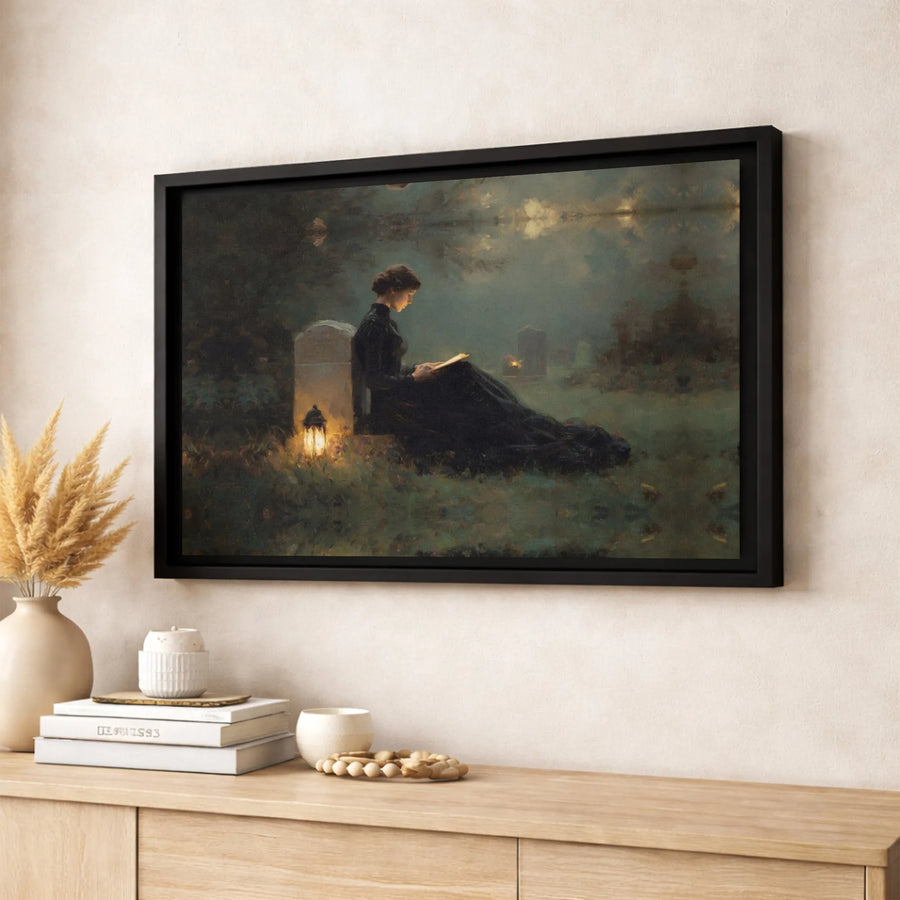 Gothic Graveyard Canvas Print | Woman Reading by Lantern Light | Gallery-Quality 1.25" Profile | Moody Dark Academia Wall Art Decor