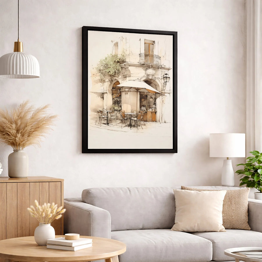 Italian Street Cafe Canvas Art | Parisian Bistro Watercolor Sketch | Gallery Quality Framed Wall Decor | Premium European Travel Gift