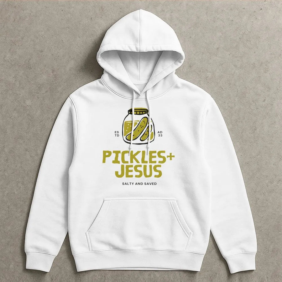 Pickles and Jesus Hoodie | Salty and Saved Graphic Sweatshirt | Premium Cotton Blend | Funny Christian Gift for Women and Men