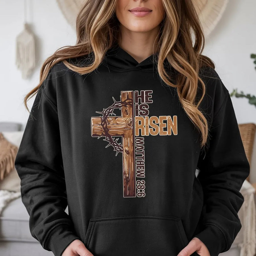 He Is Risen Hoodie | Crown of Thorns Cross Matthew 28:6 Graphic | Premium Cotton Blend | Religious Easter Gift for Men and Women