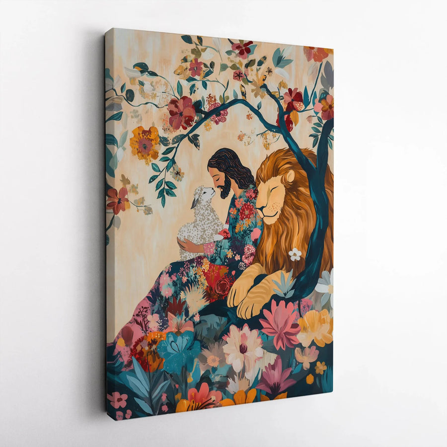 Lion and Lamb Christian Canvas Art | Floral Jesus with Lion and Lamb Painting | Premium Gallery Wrapped Canvas | Christian Home Decor Gift for Believer
