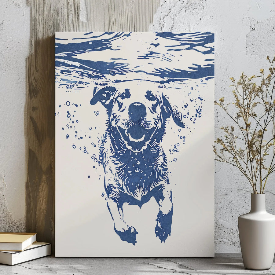 Dog Swimming Underwater Canvas Wall Art | Blue and White Illustration | 1.25 Inch Gallery Wrap | Modern Home Decor Gift for Dog Lovers