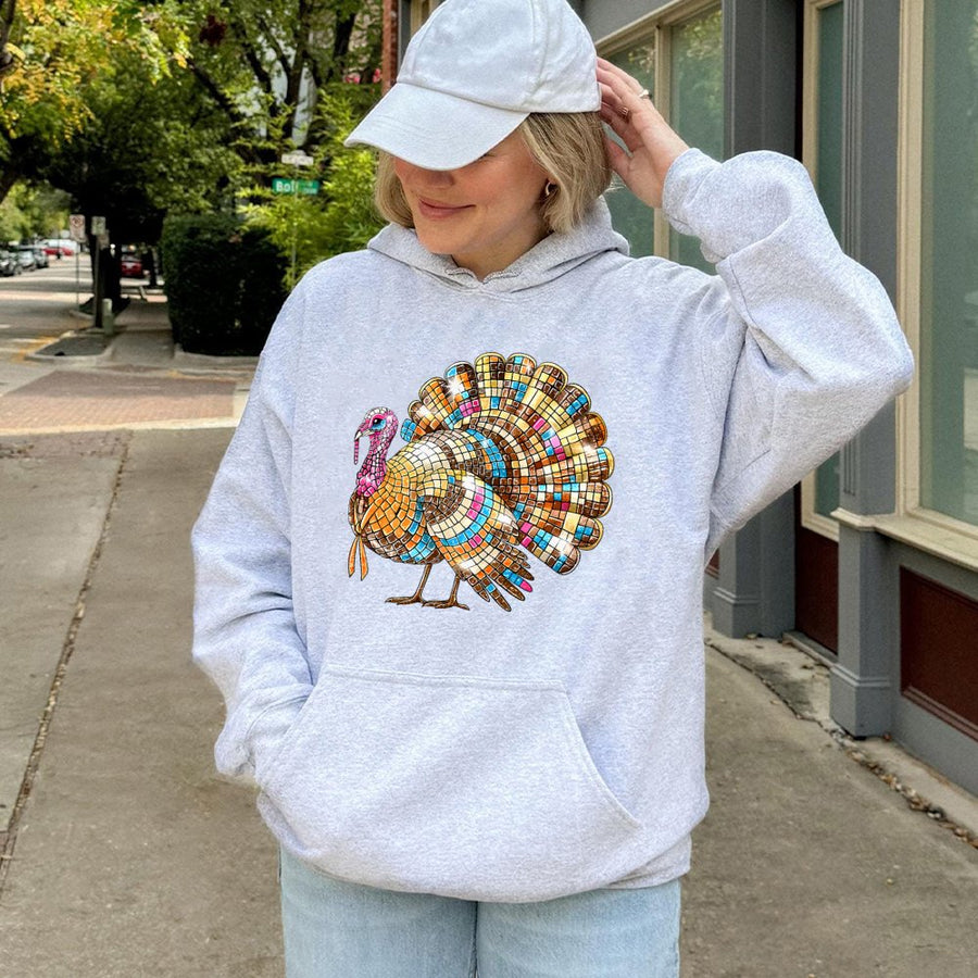 Thanksgiving Turkey Hoodie | Retro Disco Ball Mosaic Design | Premium Cotton-Poly Blend | Cute Fall Graphic Sweatshirt Gift for Her