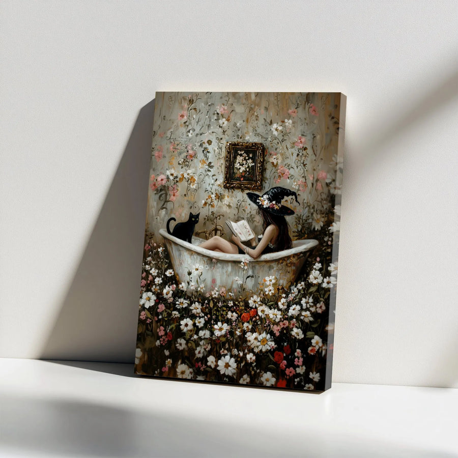 Floral Witch Canvas Print | Black Cat Reading in Flower Bathtub Art | Vintage Oil Painting Style | Cottagecore Home Decor Gift