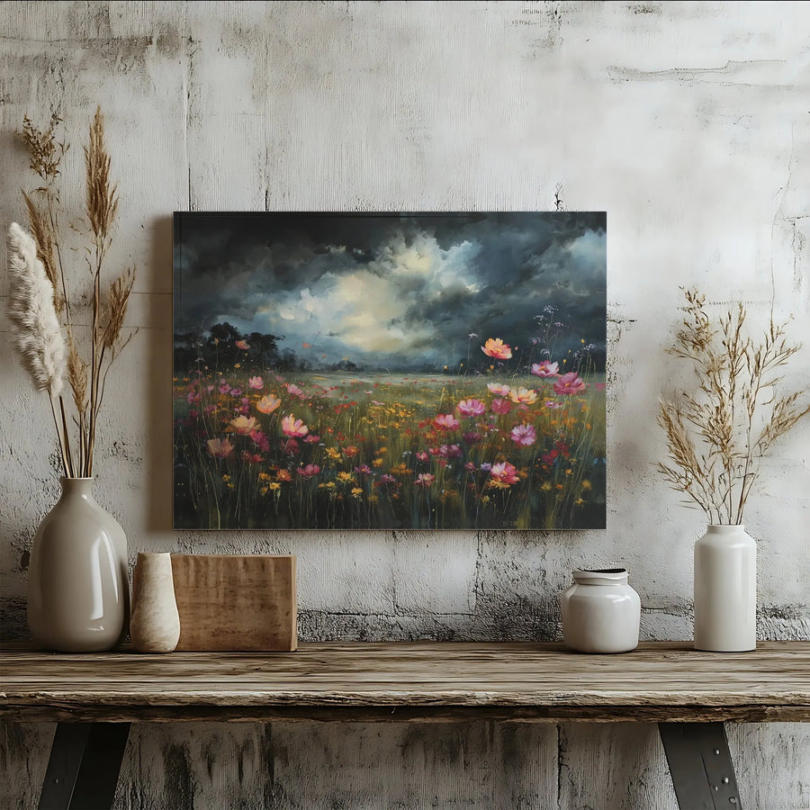 Wildflower Meadow Canvas Wall Art | Moody Floral Landscape Painting | Premium Fade-Resistant Print | Living Room Decor & Housewarming Gift