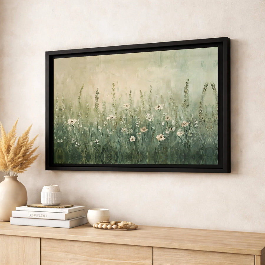 Sage Green Wildflower Meadow Canvas Wall Art | Impressionist Botanical Landscape | Premium Gallery Wrapped Print | Modern Minimalist Home Decor Gift