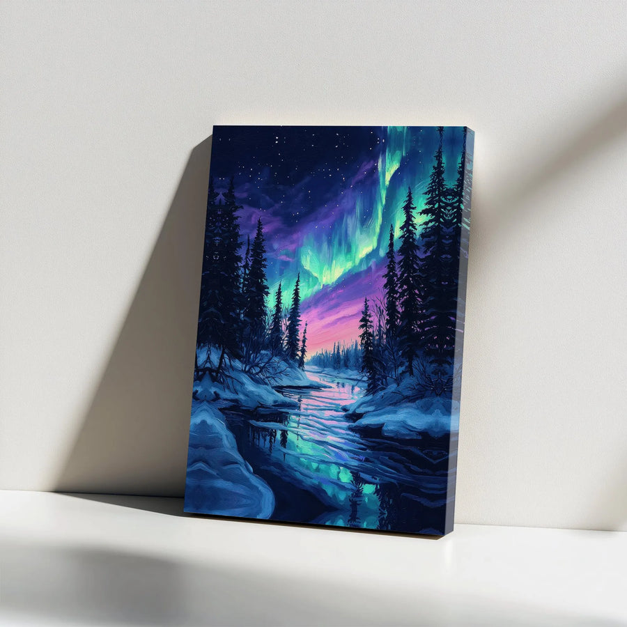 Northern Lights Canvas Wall Art | Aurora Borealis Winter Forest Painting | Premium 1.25" Thick Print | Nature Lover Gift for Home Decor