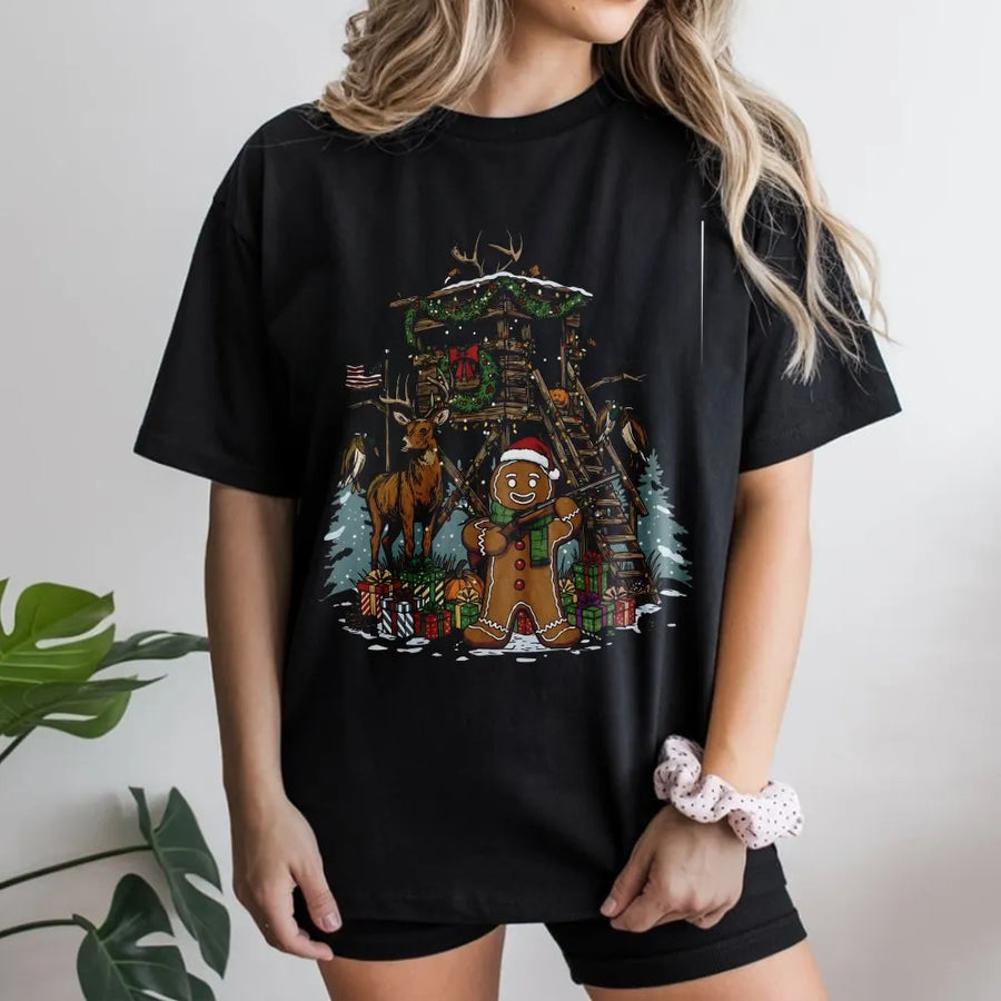 Gingerbread Man Hunting T-Shirt | Funny Christmas Deer Hunting Scene | Premium Soft Cotton Graphic Tee | Unique Gift for Hunters & Outdoorsmen