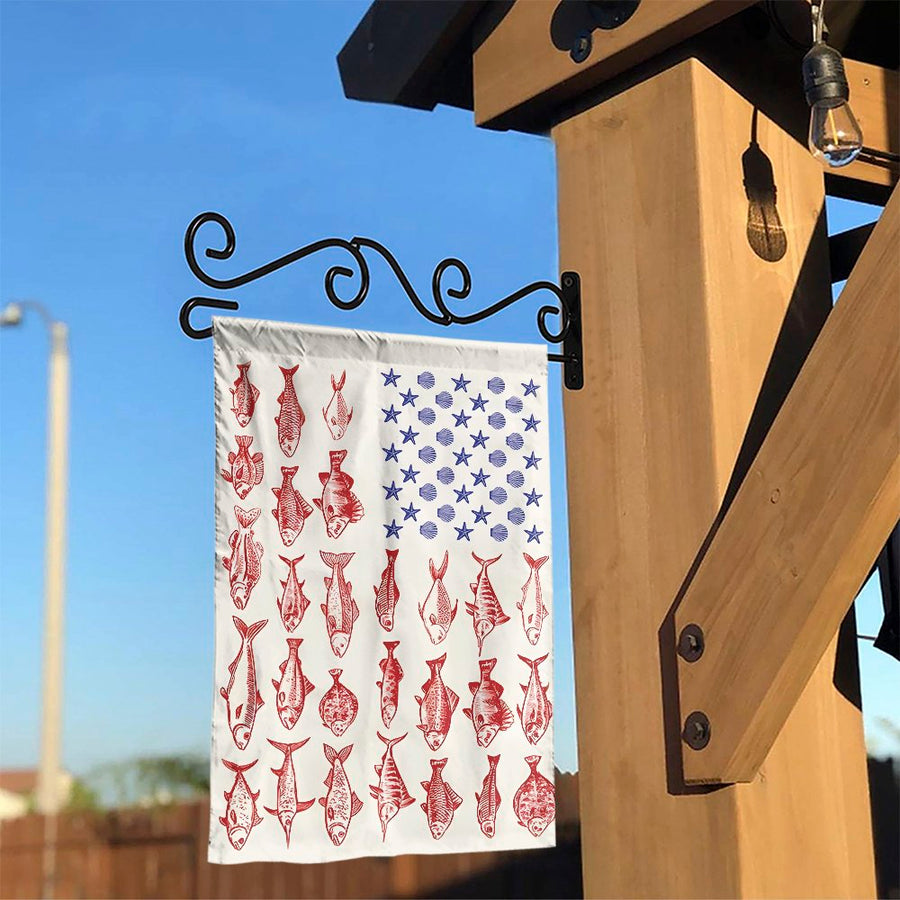 Fishing American Flag Garden Flag | Nautical Patriotic Fish and Seashell Design | Weather-Resistant Polyester | Coastal Independence Day Decor Gift
