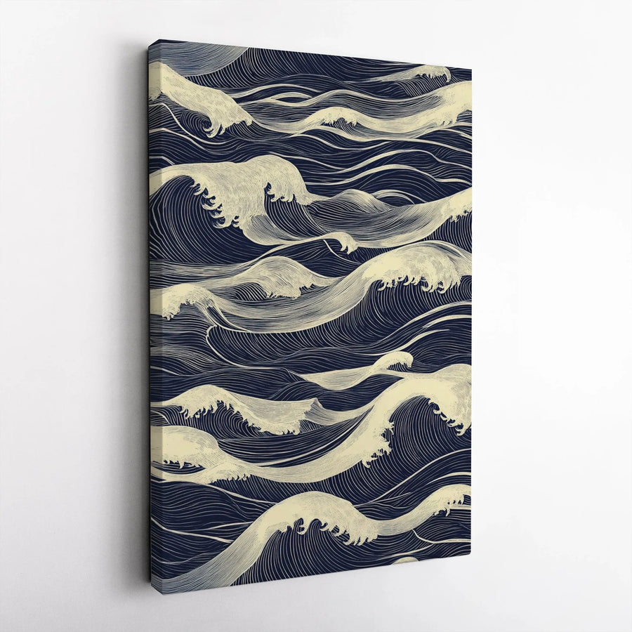 Japanese Ocean Waves Canvas Wall Art | Minimalist Navy Blue Line Drawing | Premium Gallery Wrapped Print | Modern Zen Home Decor Gift