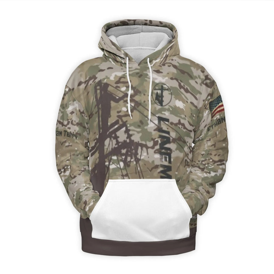 Lineman American Flag Hoodie | Camo Power Utility Worker Design | Premium Brushed Fleece Pullover | Gift for Electrician & Utility Worker
