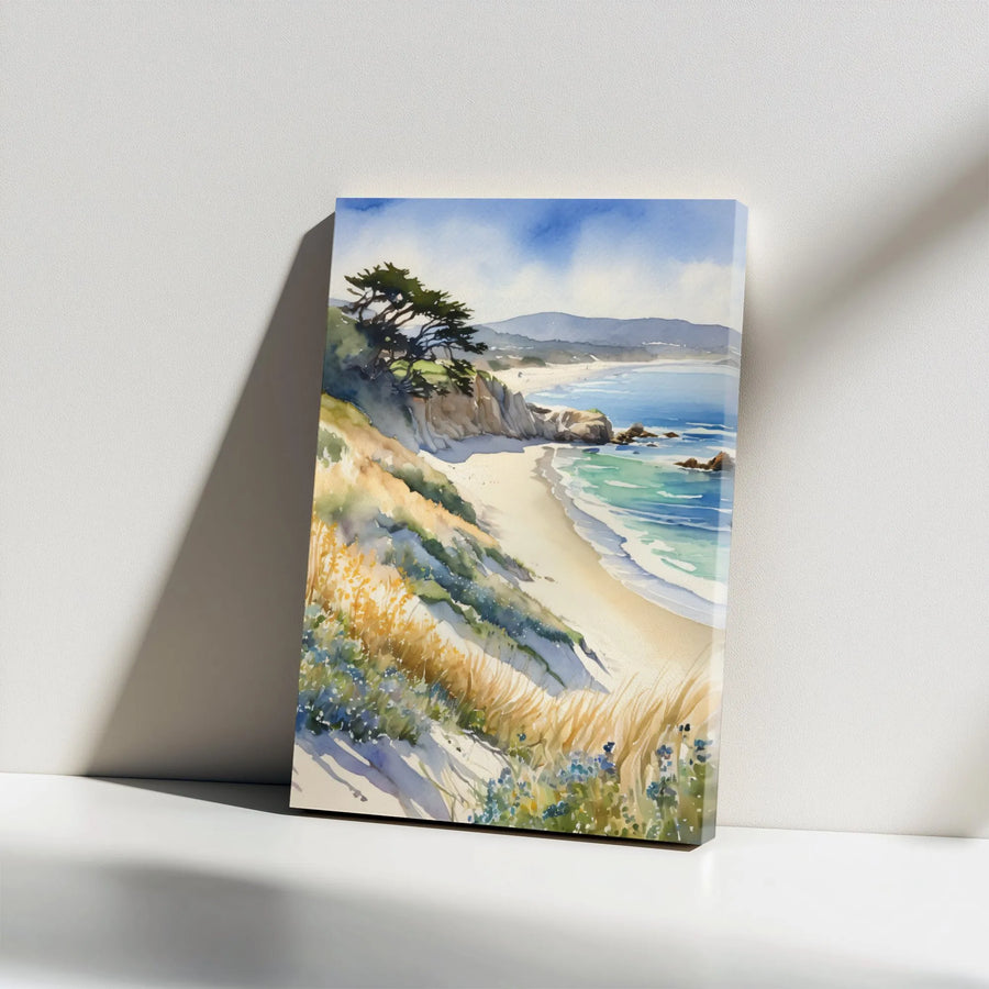 Carmel Beach Watercolor Canvas Print | Coastal California Landscape with Cypress Tree | Premium Gallery-Wrapped Art | Coastal Home Decor Wall Art