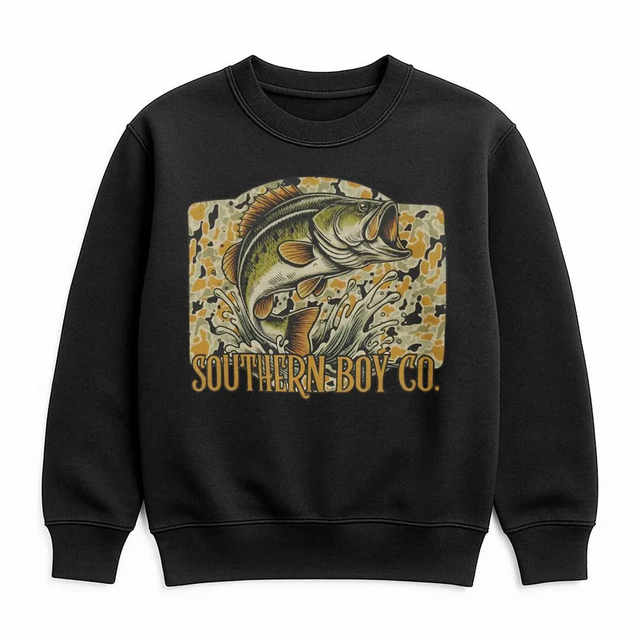 Bass Fishing Sweatshirt | Camo Retro Graphic Print | Soft Premium Cotton Blend | Country Outdoors Gift for Men & Women