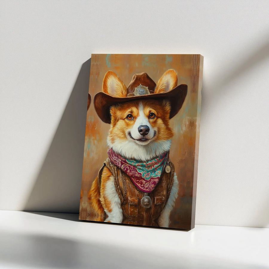 Cowboy Corgi Wall Art | Western Dog Portrait Canvas Print | Premium Gallery Wrap Decor | Unique Gift for Dog Lovers