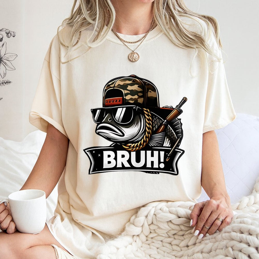 Funny Fishing Graphic T-Shirt | Bass Fish with Camo Hat and Gold Chain | 100% Cotton Premium Tee | Unique Gift for Fishermen and Anglers