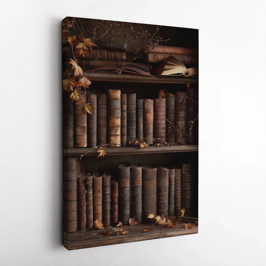 Vintage Bookshelf Wall Art | Dark Academia Autumn Library Decor | Premium Gallery Wrap Canvas | Cozy Literary Gift for Book Lovers