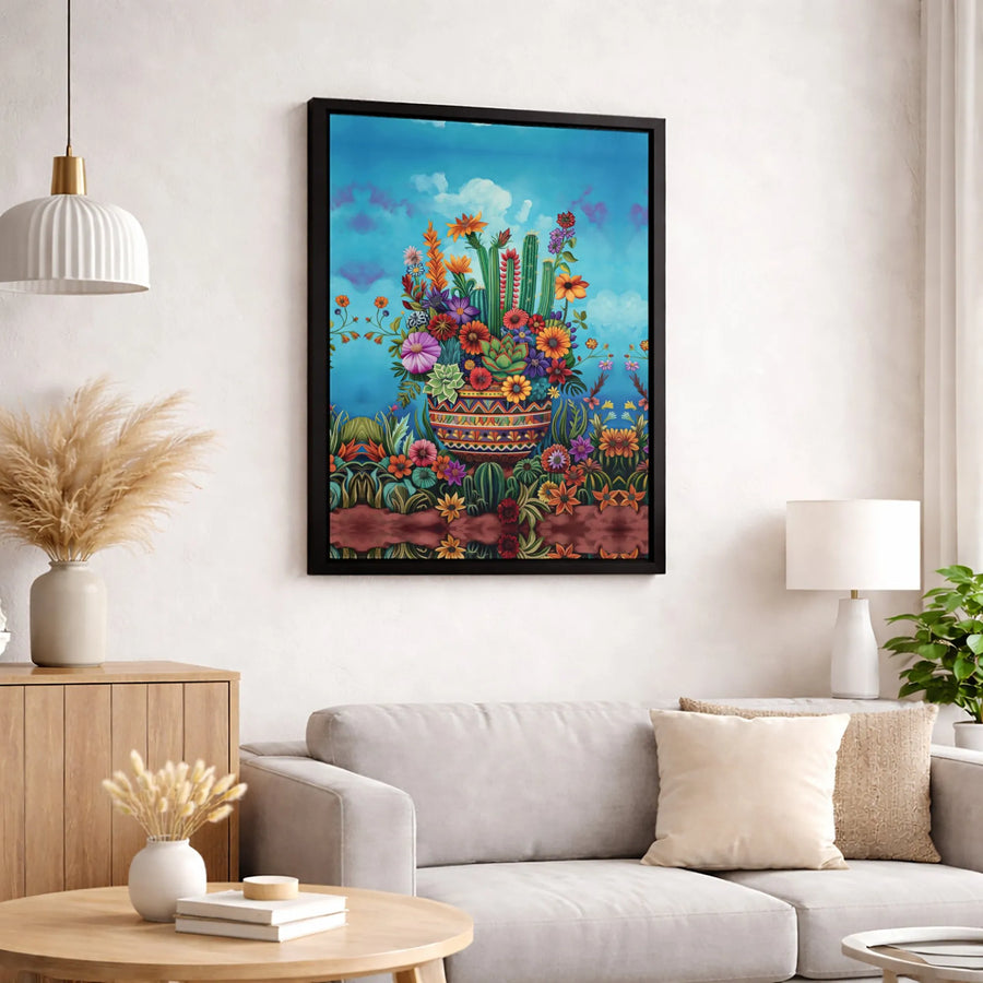 Mexican Folk Art Canvas | Vibrant Desert Cactus & Wildflower Print | Premium Gallery-Wrapped Wall Decor | Southwest Botanical Home Gift