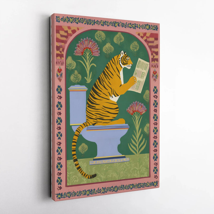 Tiger on Toilet Vertical Canvas | Funny Bathroom Decor Art with Reading Tiger | Premium Thick Profile Wall Print | Unique Housewarming Gift