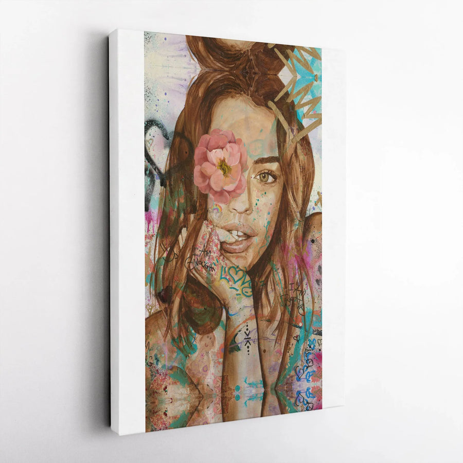 Street Art Woman Canvas Print | Modern Graffiti Portrait with Floral Accent | Premium Gallery Wrapped Canvas | Boho Chic Living Room Art & Home Decor Gift