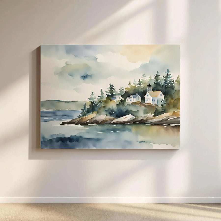 Coastal Lighthouse Wall Art | Watercolor Seaside Village Landscape | Premium 1.25 Inch Canvas Print | Serene Nautical Home Decor Gift