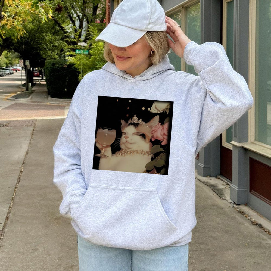 Funny Fancy Cat Hoodie | Elegant Queen Kitty Drinking Cocktail Graphic | Premium Cotton Blend | Quirky Animal Lover Gift For Her