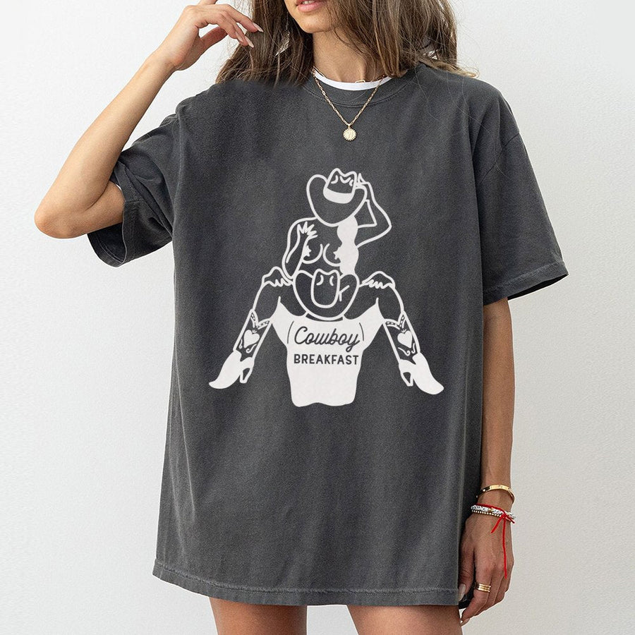 Cowboy Breakfast T-Shirt | Retro Cowgirl Pinup Graphic Tee | Premium 100% Cotton Apparel | Funny Western Rodeo Gift for Him or Her