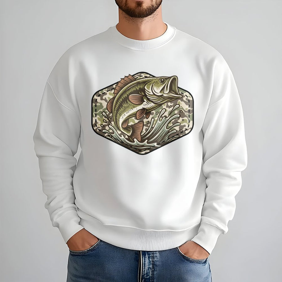 Bass Fishing Sweatshirt | Camo Patch Graphic Design | Premium Cotton Blend | Gift for Angler Dad Husband Fisherman Outdoorsman