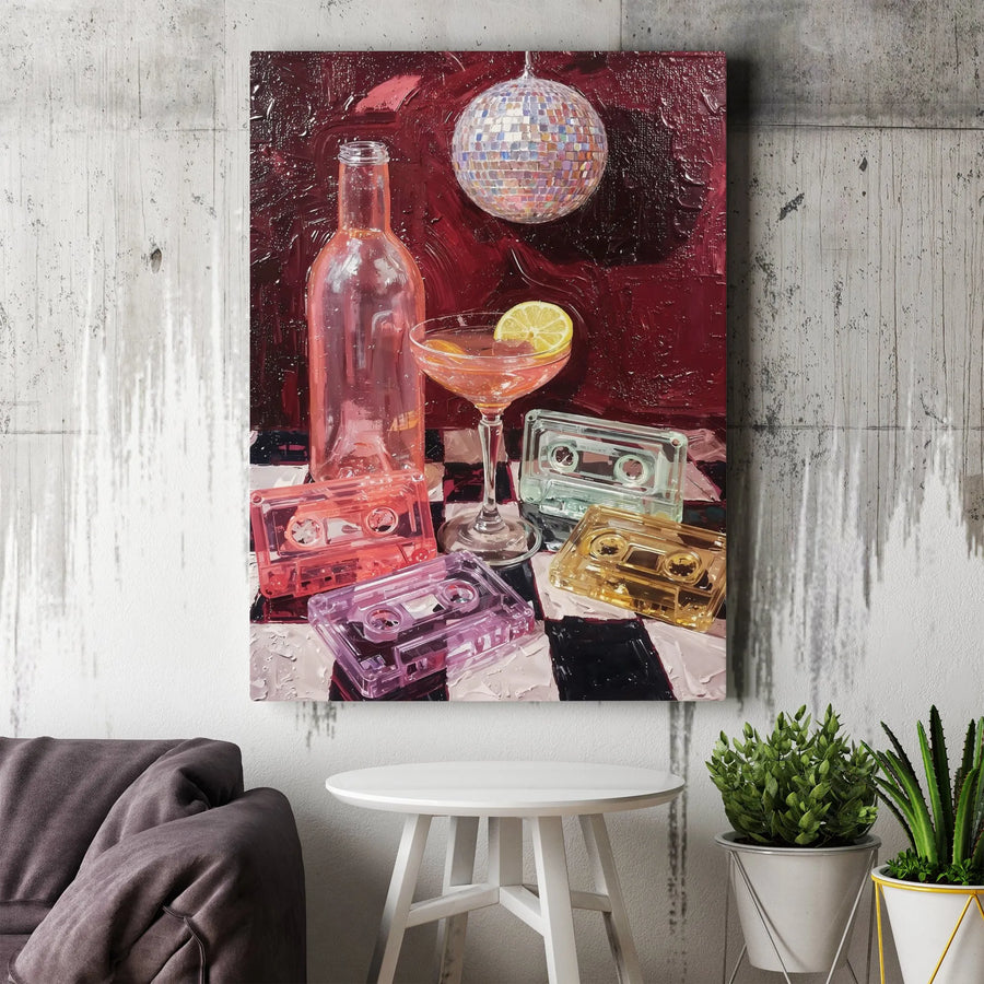 Retro Disco Party Vertical Canvas | 80s Cassette Tape & Cocktail Still Life Art | Premium Thick Gallery Wrap | Modern Bar Cart Decor Gift