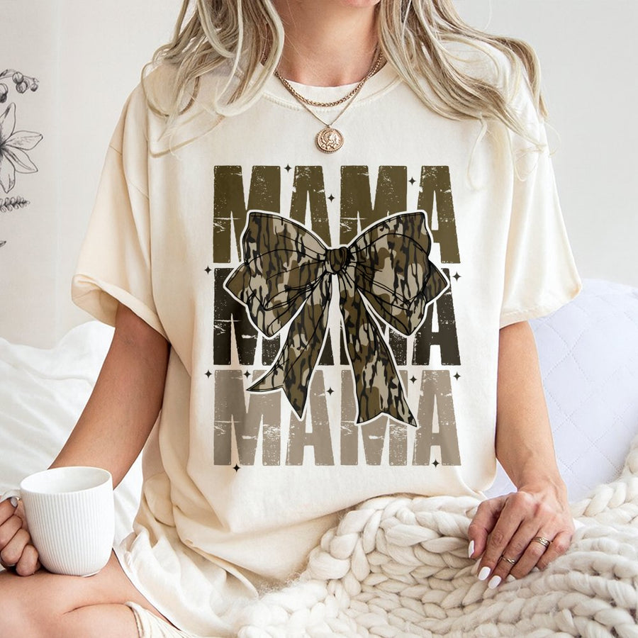 Mama Camo Bow T-Shirt | Distressed Coquette Aesthetic Graphic | 100% Cotton Premium Comfort | Trendy Mom Gift for Mother's Day 2026 Birthday