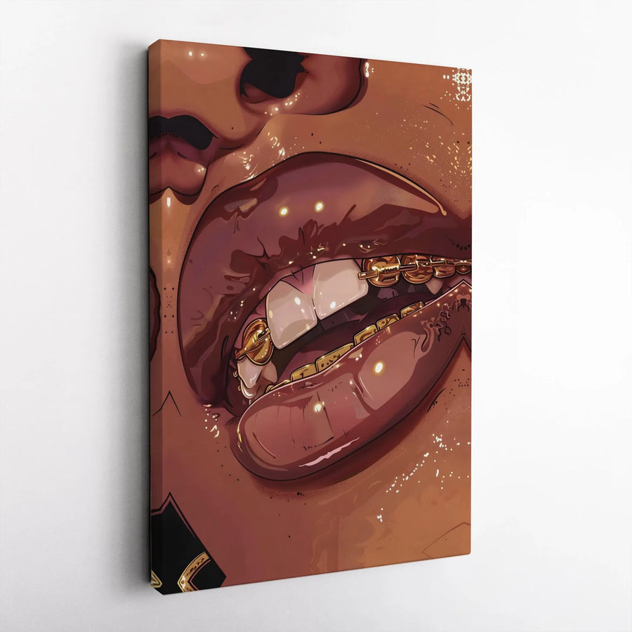 Black Woman Art Canvas Print | Gold Grillz Lips Illustration | Premium Modern Wall Art | Urban & Hip Hop Home Decor Collector's Gift
