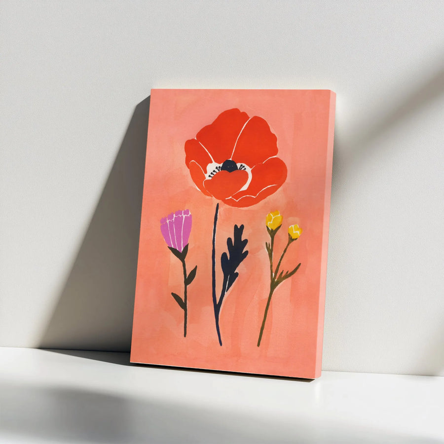 Red Poppy Canvas Wall Art | Modern Botanical Illustration | Premium Gallery Wrapped Canvas | Living Room & Bedroom Decor Gift
