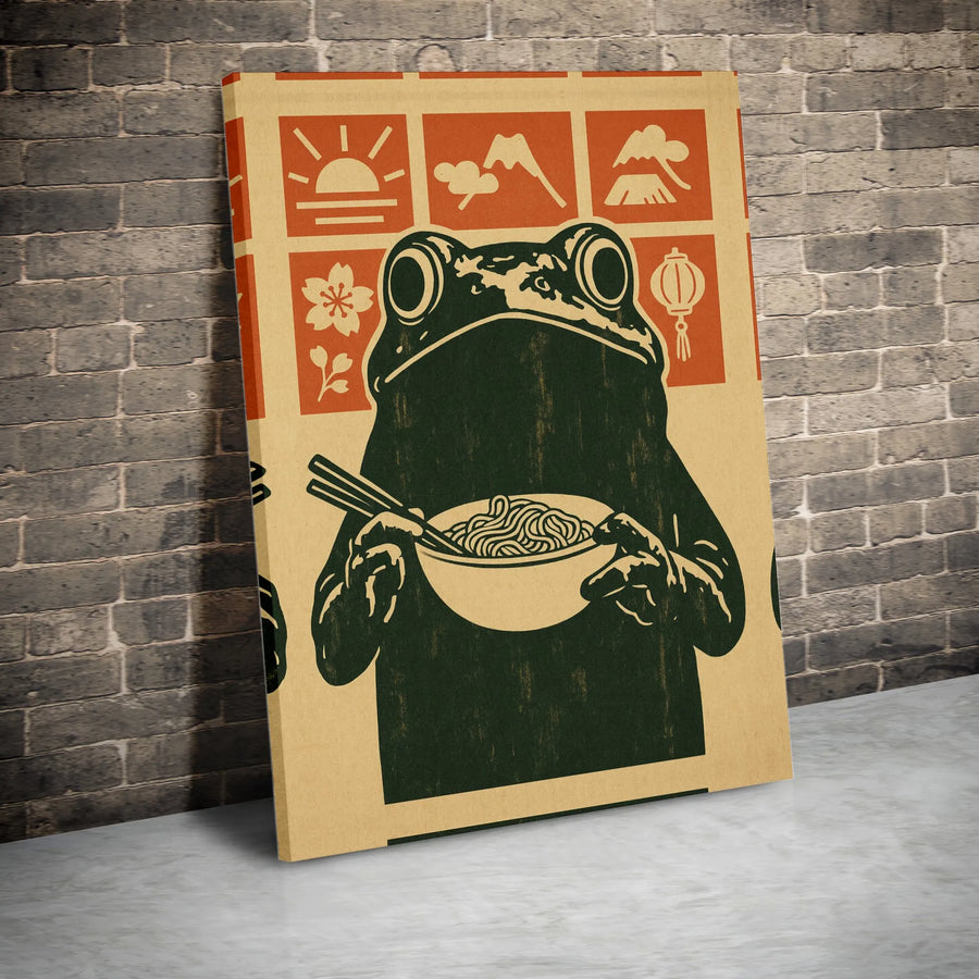 Japanese Ramen Frog Wall Art | Vintage Ukiyo-E Inspired Ramen Poster | Gallery Quality 1.25 Inch Thick Canvas | Whimsical Kitchen Decor Gift