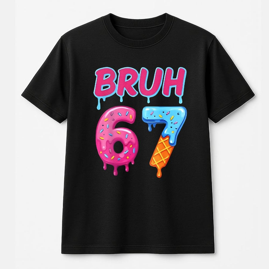 Bruh 67 T-Shirt | Dripping Donut and Ice Cream Number Design | 100% Cotton Premium Tee | Funny Gen Alpha Slang Birthday Gift for Teens